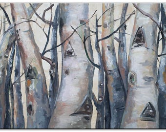 Original art Abstract Painting large Oil Painting, aspen tree art winter Landscape Painting by tim lam 48x24x1.4