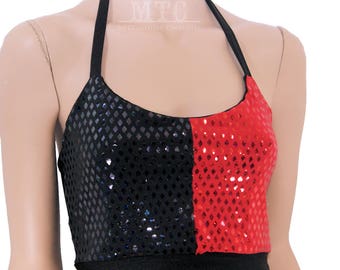 Harley Red Black Split Diamond Rave Halter Top - Adult XS - Small - MTCoffinz - Ready to Ship