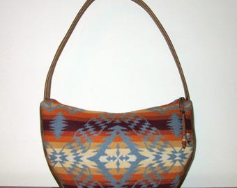 Hobo Bag Purse Shoulder Bag Handbag Brown Leather Southwest Blanket Wool from Pendleton Oregon