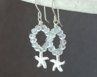 Aquamarine Hoop Earrings Sterling Silver Gemstone Jewelry March Birthstone Starfish Earrings Made For Women Beach Jewelry