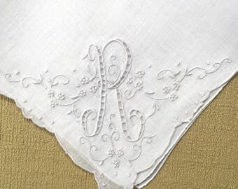 Vintage Hanky with White Initial R - Hankie Handkerchief with Hand Embroidery