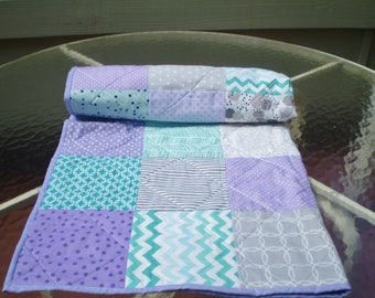 Baby Quilt, Teal,Grey, Purple, Aqua, patchwork Crib Quilt, Handmade Baby Girl Bedding Quilt, Chevron Quilt, lavender, toddler,Purple Passion