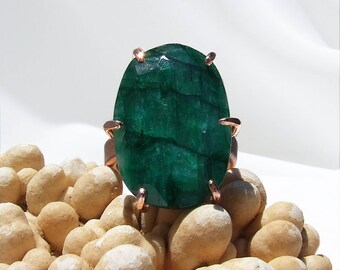 Beryl Ring, green stone ring, copper ring, Emerald green, large stone ring, prong set