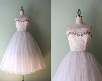 1950s Emma Domb Party Dress / Vintage 50s Strapless Shelf Bust Tulle Prom Dress / White Tulle and Lurex 1950s Party Dress XS