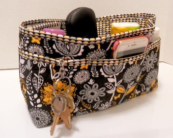 Quilted Purse Organizer Insert With Enclosed Bottom Large - Black, White, and Yellow