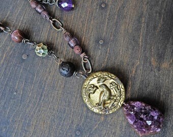 Dark purple artisan necklace with druzy, antique button medal- “Hylozoism”