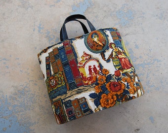 vintage 1960s Tapestry Purse - 60s Extra Large Tapestry Bag Hard Sided Tote Bag Toile Handbag
