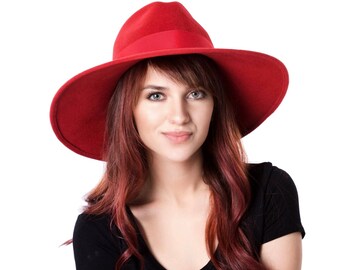 Wide Brimmed Hat Red Fedora Hat Fall Fashion Fall Accessories Wide Brimmed Fedora Fall Hat Women's Hat Custom Hat Kentucky Derby Hat