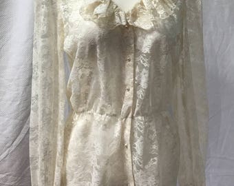 VIntage 80s Edwardian Ivory Sheer Lace Blouse Peplum and Ruffled Collar M
