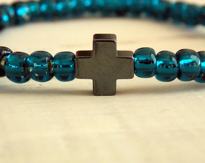 Boho Bracelet Stretch Bracelet Black Hematite Cross Bracelet Czech Glass Coastal Blue Stack Trendy Layering Fashion Gemstone Bracelet