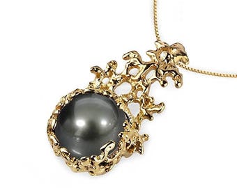 SALE 20% Off - CORAL 14K Gold Black Tahitian Pearl Pendant Necklace, Gold Pearl Necklace Wedding, Black Pearl Pendant, Tahitian Pearl Neckla