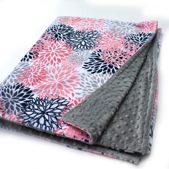 Personalized Baby Blanket For Girl / Coral Minky Baby Blanket, Blooms Navy Gray - Nursery Decor / Flower Baby Blanket // Name Blanket