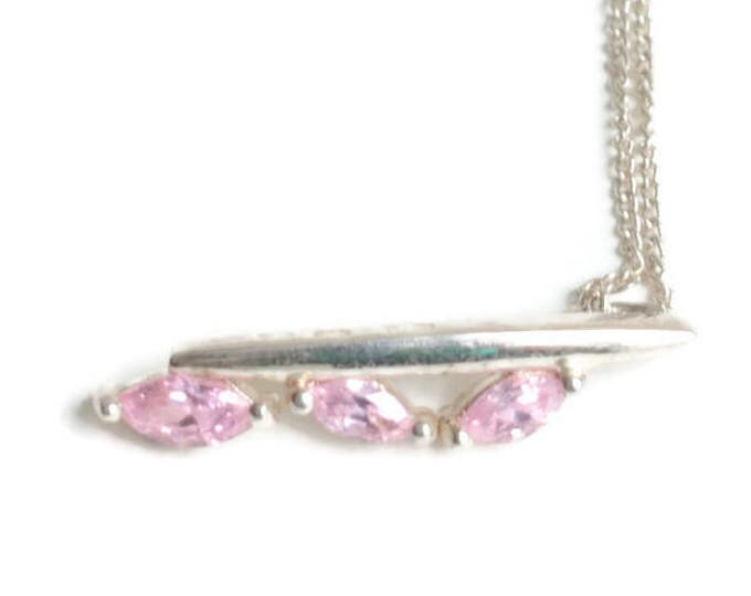 Pink CZ Pendant Necklace Modernist Style Sterling Chain Signed Avon