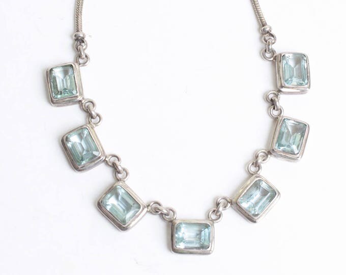 Blue Topaz Sterling Silver Necklace Art Deco Style Choker Length