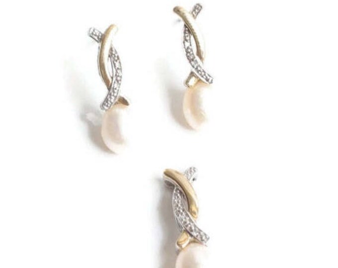CIJ Sale 14K Gold Sterling Pearl Pendant Earrings Diamond Accents Alwand Vahan Gift Set Vintage