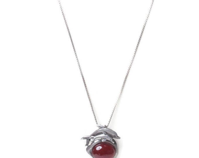 Sterling Dolphin Pendant Simulated Carnelian Cabochon Sterling Chain Sea Life Necklace