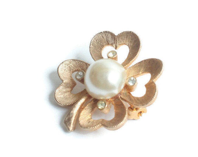 Four Leaf Clover Pin Faux Pearl Clear Rhinestones Signed JJ Gold Tone Smaller Vintage Pin