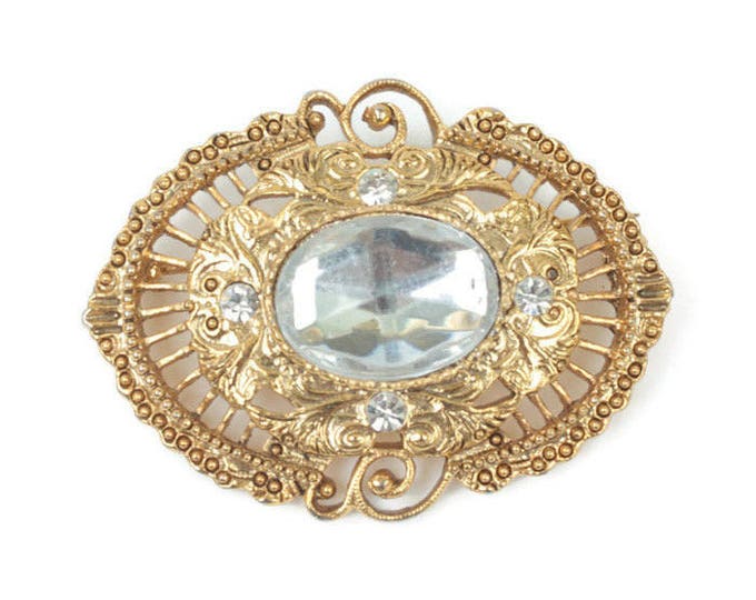 Victorian Revival Filigree Brooch Clear Cabochon Center 1928 Jewelry Company Vintage