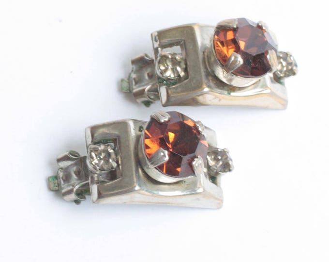Amber Topaz and Clear Rhinestone Earrings Silver Tone Chunky Bold Clip On Vintage