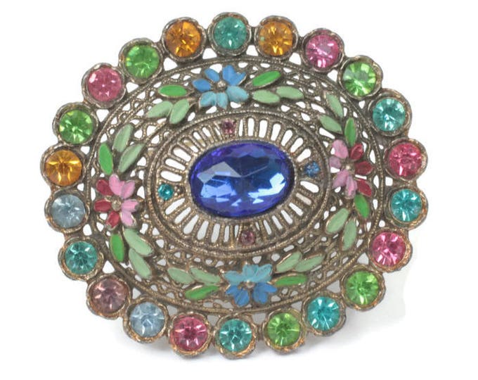 Little Nemo Oval Brooch Pastels Enamel Multi Color Rhinestones 1930s 1940s Vintage