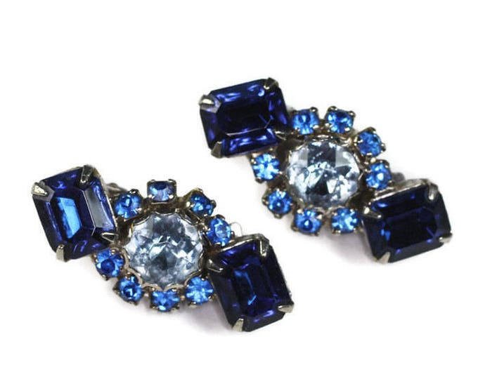 Blue Rhinestone Earrings Dark and Light Blue Clip Style Vintage