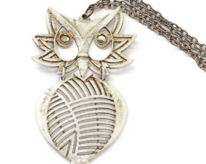 Enameled Owl Pendant Necklace Hinged Articulated Off White Enamel Boho 1970s