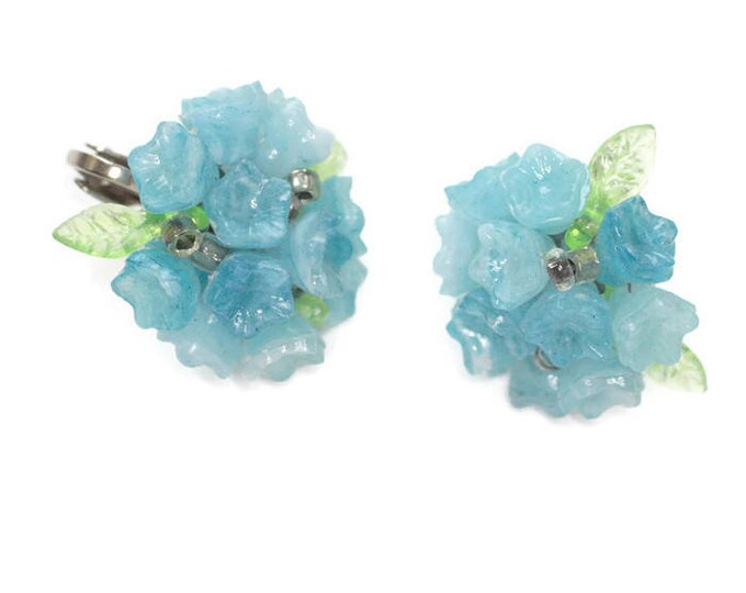Blue Flower Beaded Cluster Earrings Hong Kong Mid Century Clip On Style Vintage