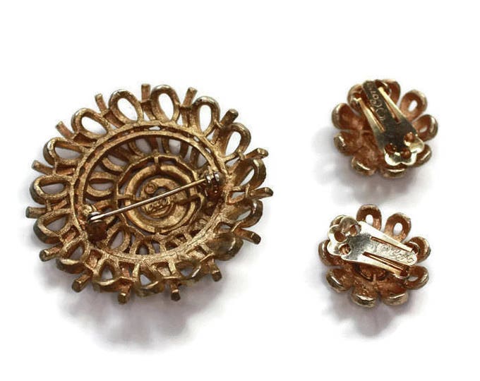 Gold Tone Swirl Brooch and Earrings Set Coro Signed Vintage