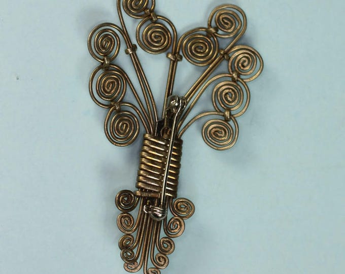 Vintage Swirled Metal Brooch Twisted Wire Design Butterscotch Glass Accent