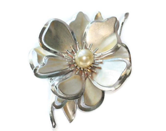 Mod Silver Tone Floral Brooch Faux Pearl Dimensional Vintage