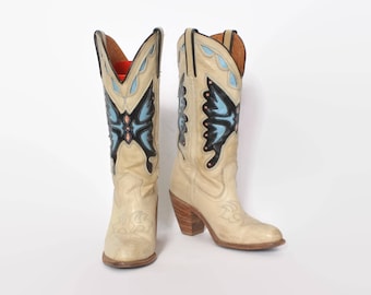 Vintage 80s Butterfly BOOTS / 1980s Miss Capezio Leather Stack Heel Western Boots 8 1/2