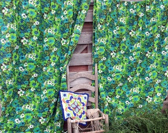 Vintage 1960's MOD Floral Flowers Green/Turquoise Blue Curtain Drape Panels Pleated