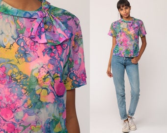 Hippie Blouse Floral Shirt 70s Boho Top Ascot Bow Psychedelic Tie Dye Bohemian Short Sleeve 60s Vintage Hot Pink Purple Large