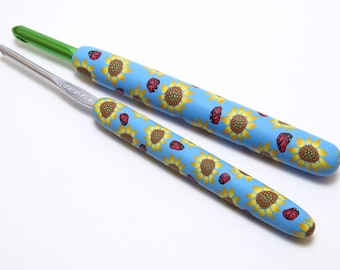 Sunflower Ladybug Crochet Hook, Blue Yellow Red, Short or Long Handle, Polymer Clay Cane, Handmade Craft Supply, Unique Crocheter Gift