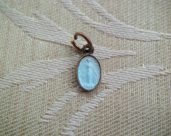 Tiny Vintage Blue Enamel Religious Miraculous Medal Pendant Charm Wrist Watch Medal