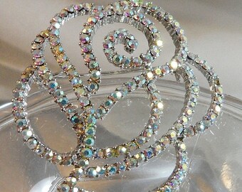 SALE Vintage Rhinestone Rose Brooch. Aurora Borealis AB Rhinestones Flower Pin.