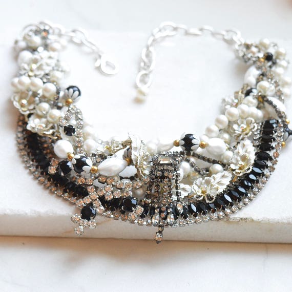 SALE 60% OFF Black and White Statement Necklace Chunky