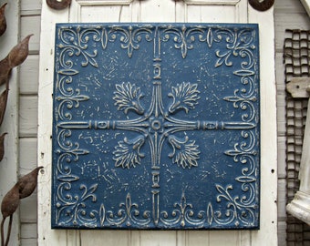 Tin Ceiling Tile. FRAMED 2x2 antique metal tile. Vintage architectural salvage. Indigo blue wall decor. Old pressed tin.