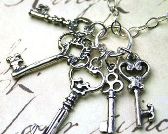 ON SALE The Vintage Skeleton Key Cluster Charm Necklace - Five Key Pendant - All Sterling Silver