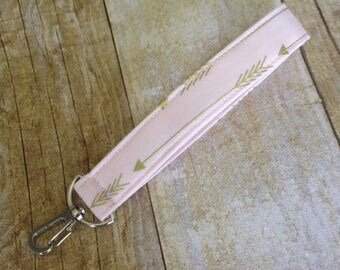 Arrow Keychain / Wrist Key fob with swivel clip / Fabric Keyfob - Pale Pink and Gold Arrow fabric