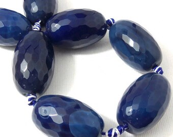 Agate Beads, 20mm x 30mm, Dark Blue, Rice/Barrel, Faceted, Gemstone Beads, Focal Bead, Large, 6pcs - ID 2255-HS