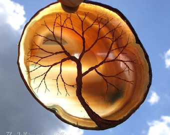 Copper Wire Tree Of Life Metal Wall Art Sculpture Garden Ornament On A Blue Agate Geode Stone Crystal Suncatcher