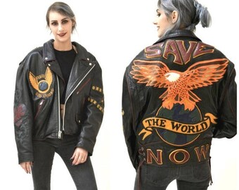 SALE Vintage Black Leather Motorcycle Jacket Eagle Bird Large XL// Vintage Black Leather Biker Jacket Jeff Hamilton Save The World Eagle