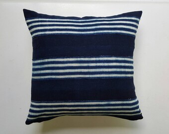 Vintage Striped Indigo Mudcloth Pillow Cover - Modern Bohemian Decor - African Throw Pillow