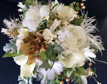 Wedding Bouquet,Gold Bridal Bouquet,Gatsby Wedding,Succulent Bouquet,Winter Bouquet,Alternative Bouquet,Feather Bouquet,Winter Wedding,