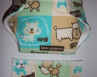 Baby Doll Diaper/wipes -little patchwork puppies - adjustable for many dolls such as bitty baby