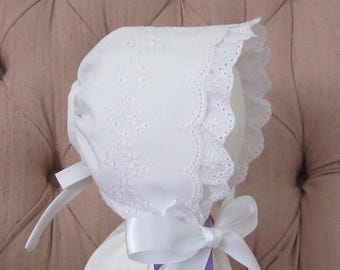 ON SALE Small Baby Easter Bonnet, Baptism Bonnet, Dedication Bonnet, Ruffled Eyelet Bonnet,Sunbonnet ,Cotton Bonnet, Baby Hat, Christening