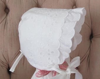 ON SALE Extra Large Baby Bonnet, Easter Bonnet, Eyelet Baby Bonnet, Christening Bonnet, Baptism Bonnet,Sunbonnet, Ruffled Eyelet Bonnet