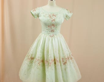 50s Dress * 1950s Dress * Mint Green Dress * 50s Full Skirt Dress * Rockabilly Dress * Floral Embroidered Dress * 50s Prom Dress