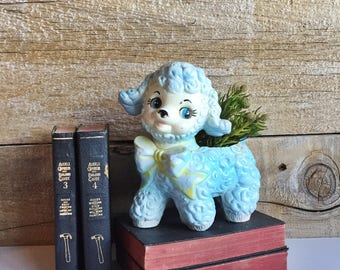 Blue poodle dog planter. Plastic dog planter nursery decor.